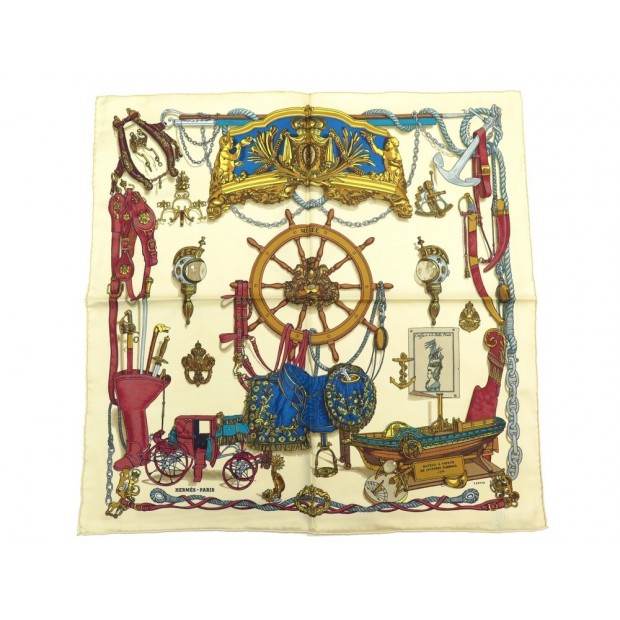 NEUF VINTAGE FOULARD HERMES GAVROCHE MUSEE PHILIPPE LEDOUX SOIE BEIGE SCARF 210€