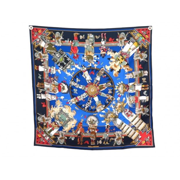 NEUF FOULARD HERMES KACHINAS CARRE 90 SOIE BLEU MARINE KERMIT OLIVER SCARF 495€