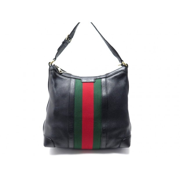 SAC A MAIN GUCCI CUIR GRAINE NOIR & BANDE TOILE WEB 257084 SHOULDER BAG 3500€