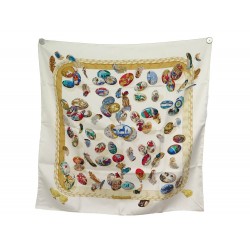 FOULARD HERMES COUVEE D'HERMES CATY LATHAM CARRE 90 SOIE ECRU SILK SCARF 460€