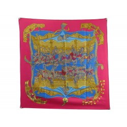 FOULARD HERMES TOURNEZ MANEGE CARRE SIGNE FAIVRE EN SOIE ROSE PINK SILK SCARF