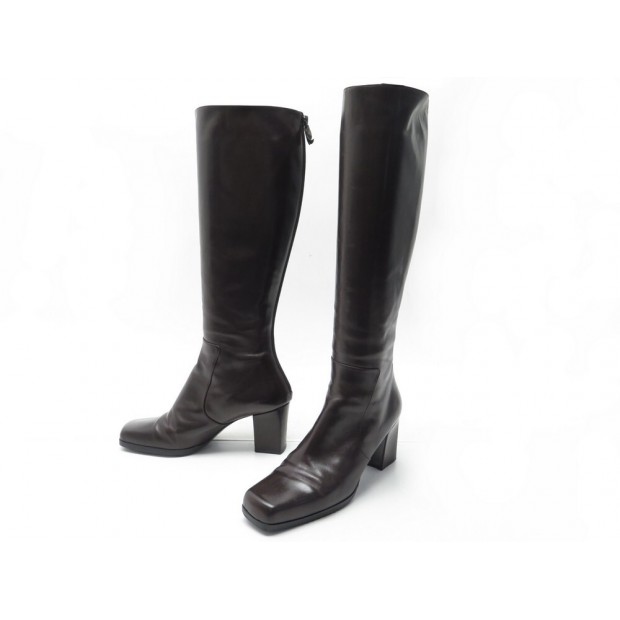 BOTTES YVES SAINT LAURENT 37.5 BOUT CARRE CUIR MARRON LEATHER BOOTS SHOES 1550€