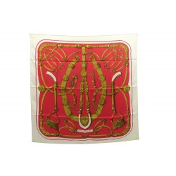 FOULARD HERMES GAUCHO CATHY LATHAM CARRE EN SOIE ROUGE & DORE SILK SCARF 350€