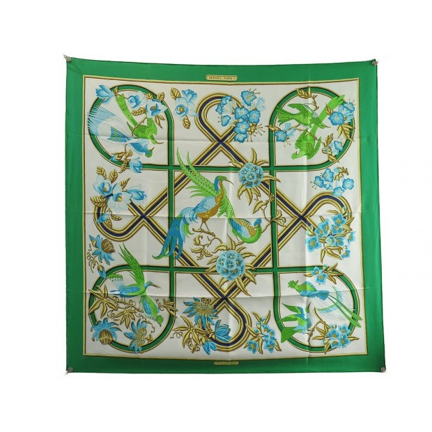 FOULARD HERMES CARAIBES CARRE 90 CHRISTIANE VAUZELLES SOIE VERT SILK SCARF 460€