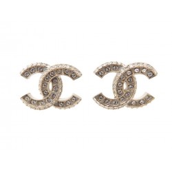 NEUF BOUCLES D'OREILLES CHANEL LOGO CC EN METAL DORE & STRASS EARRINGS 390€