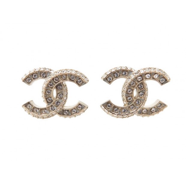 NEUF BOUCLES D'OREILLES CHANEL LOGO CC EN METAL DORE & STRASS EARRINGS 390€