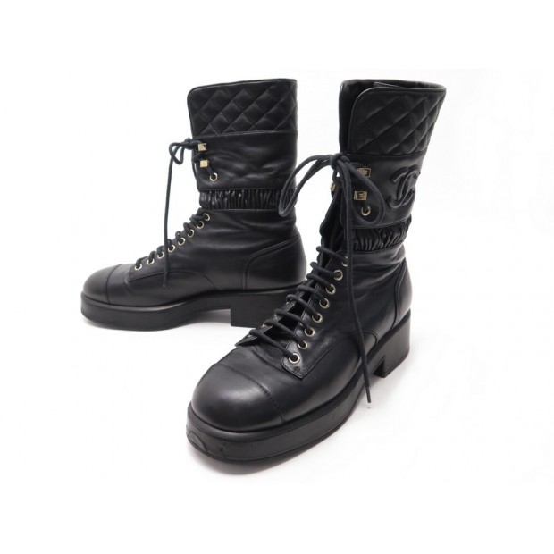 BOTTES CHANEL COMBAT MATELASSE G37956 39.5 EN CUIR NOIR LEATHER BOOTS 1900€