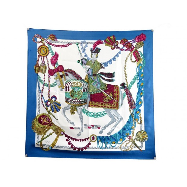 VINTAGE FOULARD HERMES LE TIMBALIER 1ERE EDITION SOIE BLEU CARRE SILK SCARF 460€