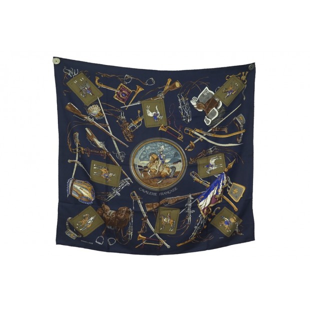 FOULARD HERMES CAVALERIE FRANCAISE LEDOUX CARRE 90 EN SOIE BLEU SILK SCARF 495€