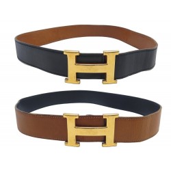 VINTAGE CEINTURE HERMES T68 CUIR BOX NOIR & GOLD REVERSIBLE LEATHER BELT 800€