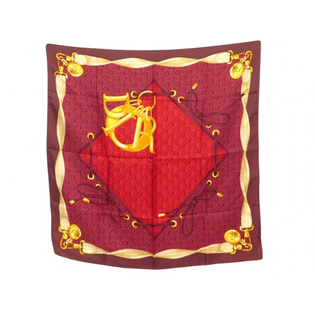 NEUF VINTAGE FOULARD CHRISTIAN DIOR CANNAGE CARRE 70 SOIE ROUGE SILK SCARF 390€