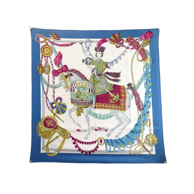 VINTAGE FOULARD HERMES LE TIMBALIER 1ERE EDITION SOIE BLEUE BLUE SILK SCARF 460€