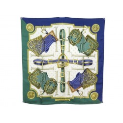 FOULARD HERMES SELLES A HOUSSE VAUZELLES CARRE EN SOIE BLEU & VERT SCARF 350€