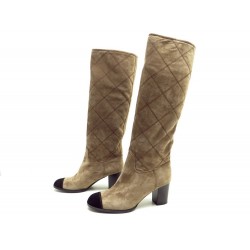 NEUF CHAUSSURES CHANEL G28056 42 BOTTES VEAU VELOURS BEIGE MATELASSE BOOTS 1250€