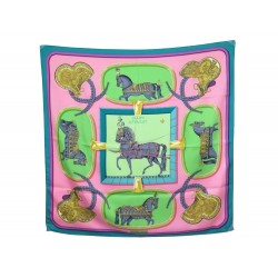 NEUF FOULARD HERMES GRAND APPARAT EUDEL CARRE EN SOIE ROSE & VERT SCARF 350€