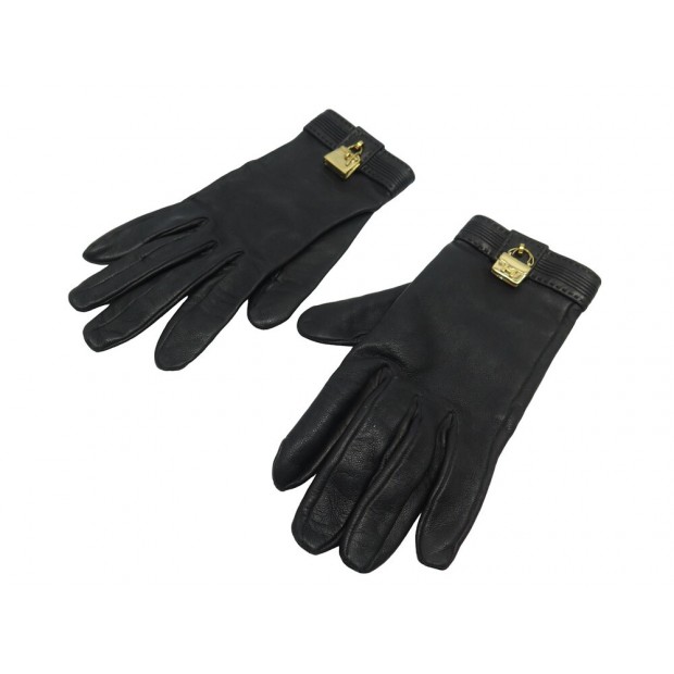 GANTS HERMES CHARMS SAC A MAIN CONSTANCE & KELLY CUIR NOIR 7 LEATHER GLOVES 750€