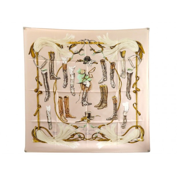 NEUF FOULARD HERMES A PROPOS DE BOTTES PORET CARRE 90 SOIE ROSE SILK SCARF 460€