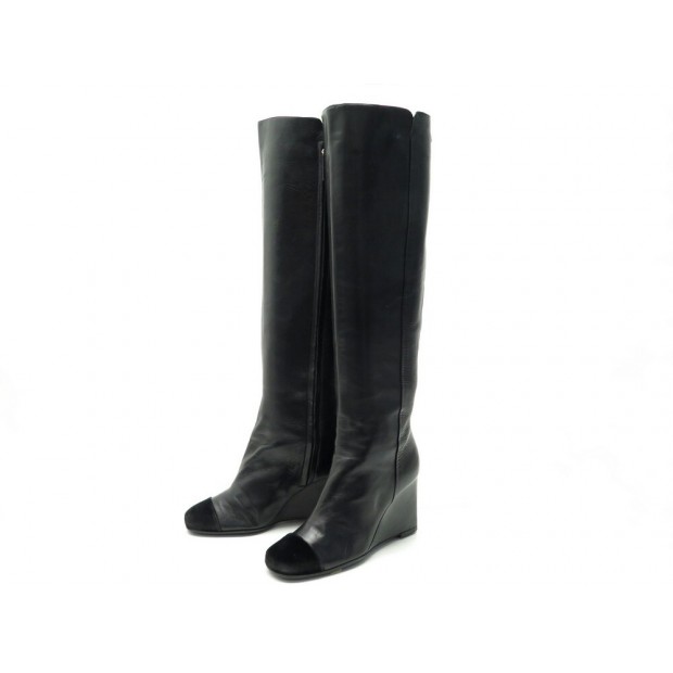 CHAUSSURES CHANEL BOTTES TALONS COMPENSES TAILLE 36.5 EN CUIR NOIR BOOTS 1800€