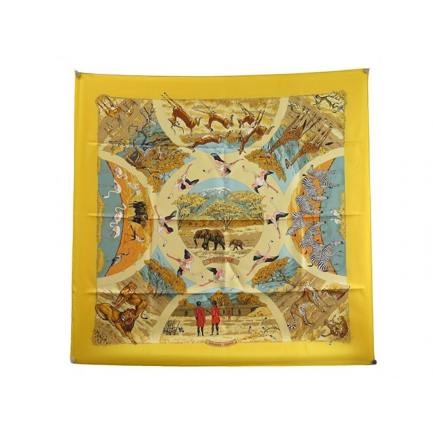 NEUF FOULARD HERMES TANZANIE ROBERT DALLET CARRE 90 SOIE JAUNE SILK SCARF 495€