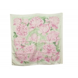 NEUF FOULARD HERMES LES PIVOINES VAUZELLES CARRE EN SOIE ROSE & VERT SCARF 350€