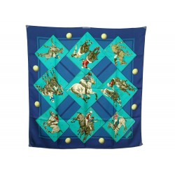 FOULARD HERMES LE MONDE DU POLO DE CRISSEY CARRE EN SOIE BLEU SILK SCARF 350€