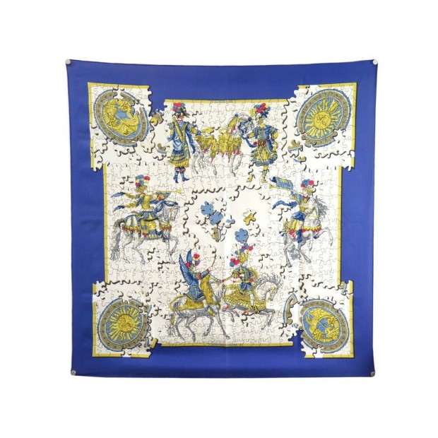 VINTAGE FOULARD HERMES PUZZLE 1971 JOACHIM METZ CARRE EN SOIE BLEUE SCARF 495€