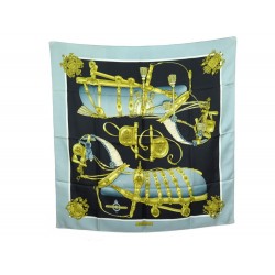 FOULARD HERMES HARNAIS DE COUR PHILIPPE LEDOUX CARRE SOIE BLEU SILK SCARF 350€