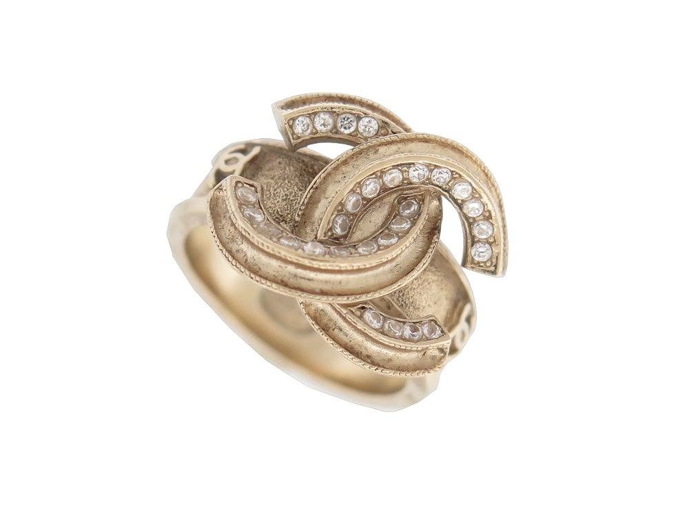 bague chanel logo cc strass taille 53 en metal dore