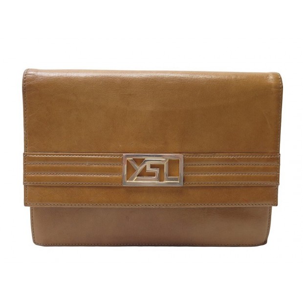 VINTAGE SAC POCHETTE A MAIN YVES SAINT LAURENT LOGO YSL EN CUIR CAMEL BAG CLUTCH