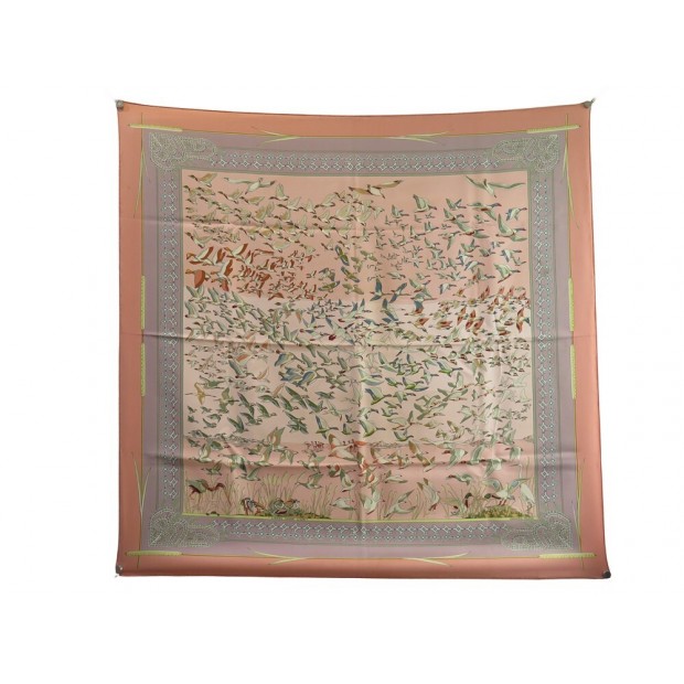 FOULARD HERMES LIBRES COMME L'AIR FAIVRE CARRE 90 EN SOIE ROSE SILK SCARF 495€