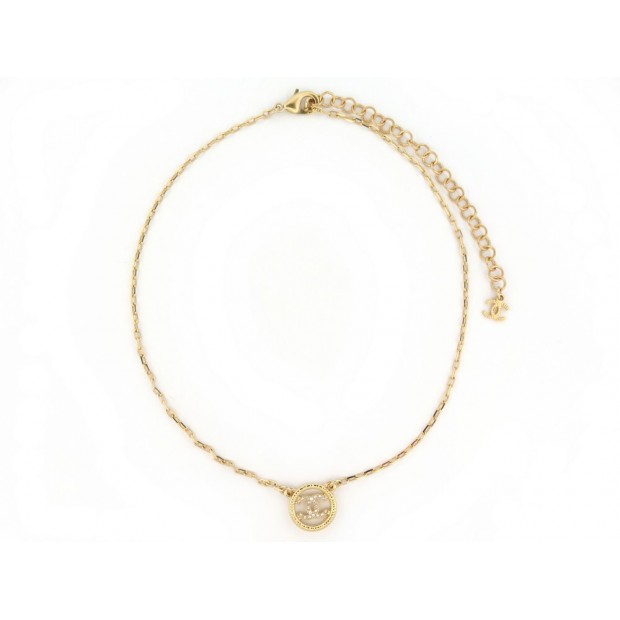 NEUF COLLIER CHANEL LOGO CC & STRASS 46 CM METAL DORE GOLDEN NECKLACE 830€