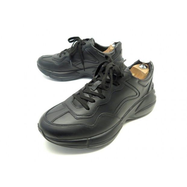 NEUF CHAUSSURES GUCCI RYTHON 721749 8.5 42 BASKETS EN CUIR NOIR SNEAKERS 830€