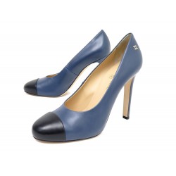 NEUF CHAUSSURES CHANEL PUMPS G33303 EN CUIR BICOLORE BLEU 40.5 BOITE SHOES 800€