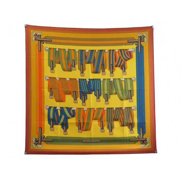 FOULARD HERMES LES SANGLES JOACHIM METZ CARRE 90 CM EN SOIE ORANGE SCARF 495€