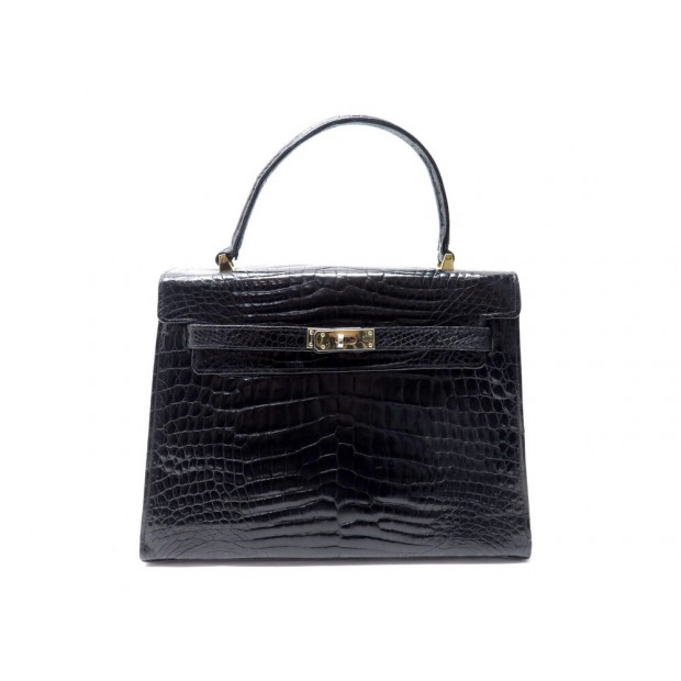 VINTAGE SAC A MAIN RABAT TYPE KELLY EN CUIR DE CROCODILE ALLIGATOR NOIR BAG