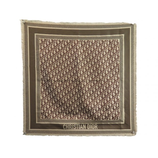 FOULARD DIOR CARRE 70 TOILE MONOGRAMME OBLIQUE FRANGES MARRON SILK SCARF 390€