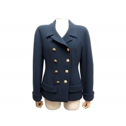 VESTE CINTREE CROISEE CHANEL 40 M BOUTONS DORES LOGO CC LAINE BLEU JACKET 5000€