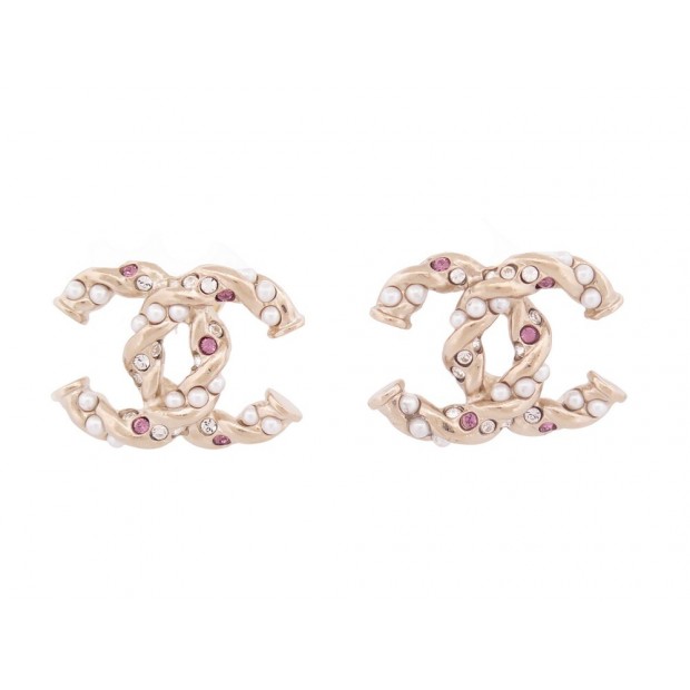 NEUF BOUCLES D'OREILLES CHANEL LOGO CC PERLES STRASS EN METAL DORE EARRINGS 650€