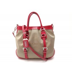 SAC A MAIN PRADA BN1184 EN TOILE ET CUIR BEIGE & ROUGE BANDOULIERE PURSE 1090€