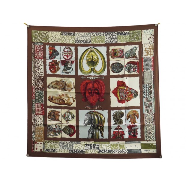 VINTAGE FOULARD HERMES PERSONA LOIC DUBIGEON SOIE MARRON BROWN SILK SCARF 495€