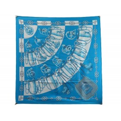 NEUF FOULARD HERMES CLIQUETIS 1ERE EDITION 1972 CARRE SOIE BLEU BOITE SCARF 495€