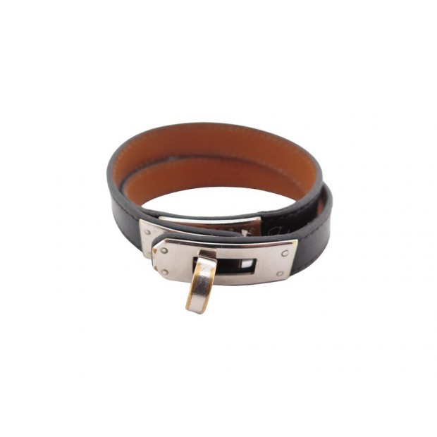 BRACELET HERMES KELLY DOUBLE TOUR M 18.5 CUIR BOX NOIR LEATHER STRAP BANGLE 575€