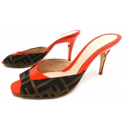 NEUF CHAUSSURES FENDI MULES A TALONS 36.5 TOILE MONOGRAMMEE ET CUIR ORANGE 