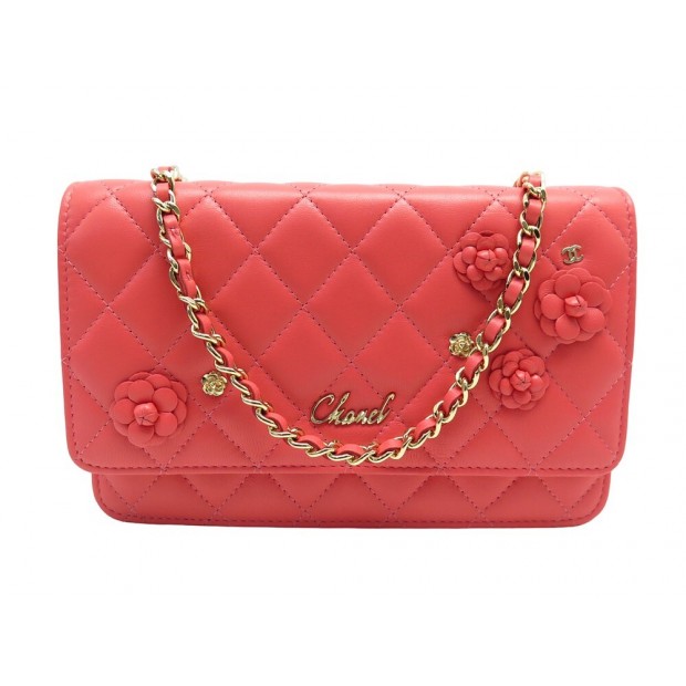 NEUF SAC A MAIN CHANEL WALLET ON CHAIN CAMELIAS & LOGO CUIR CORAIL BAG WOC 3800€