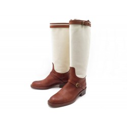 CHAUSSURES LOUIS VUITTON 7.5 41.5 BOTTES BIMATIERE TOILE BEIGE & CUIR BOOTS 950€