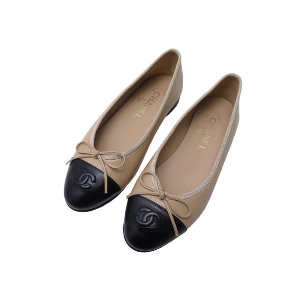 NEUF CHAUSSURES CHANEL BALLERINES G02819 LOGO CC 36 NOIR & BEIGE FLAT SHOES 890€