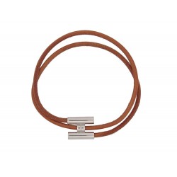 NEUF BRACELET HERMES TOURNIS DOUBLE TOUR T24 CUIR MARRON & PALLADIE BANGLE 410€