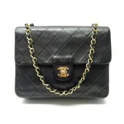 VINTAGE SAC A MAIN CHANEL TIMELESS MINI SQUARE CUIR NOIR MATELASSE HANDBAG PURSE