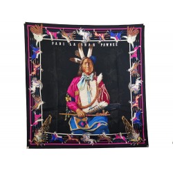 FOULARD HERMES PANI LA SHAR PAWNEE CHEF INDIEN CARRE 90 EN SOIE NOIRE SCARF 495€