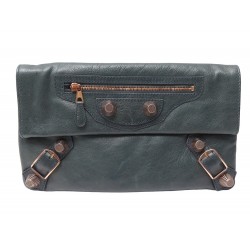 SAC A MAIN BALENCIAGA 186182 POCHETTE GIANT 21 ENVELOPPE EN CUIR VERT POUCH 990€